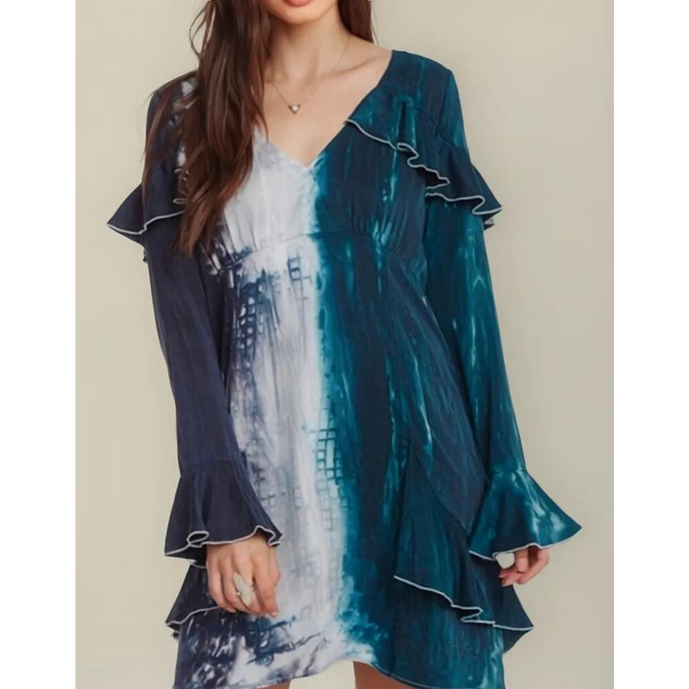 Chaser Women's Mini Dress Long Sleeve V-Neck Ruffle Tie Dye Green/Blue Sz M NWT